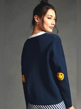 KULE The Fede Smiley Face Elbow Patch Cardigan Navy White Size Small
